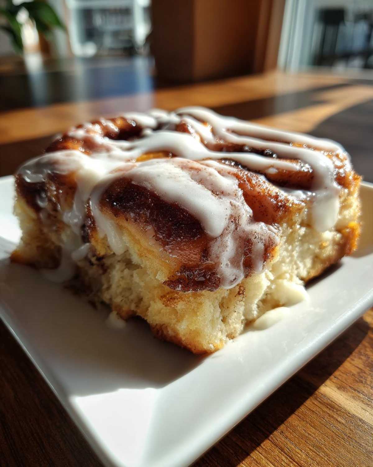 Close-up of a single serving of moist Cinnamon roll casserole topped with thick white icing.