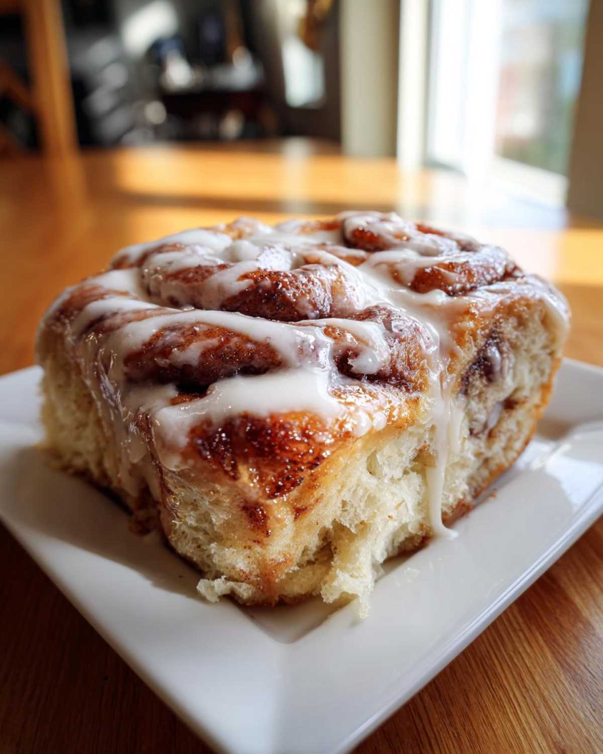 A close-up of a fluffy slice of cinnamon roll casserole topped generously with white icing.