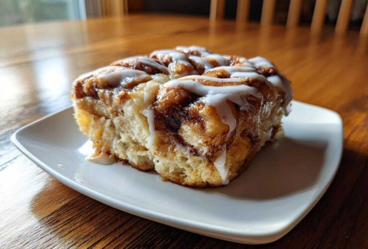 A close-up of a warm slice of cinnamon roll casserole topped generously with white icing.