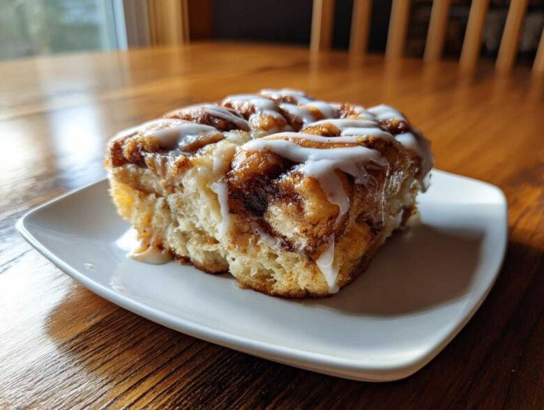 A close-up of a warm slice of cinnamon roll casserole topped generously with white icing.