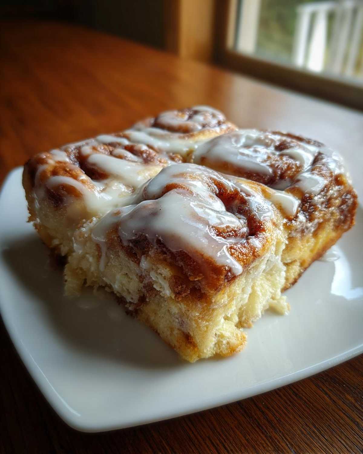 Close-up of gooey, frosted squares of cinnamon roll casserole served on a white plate.