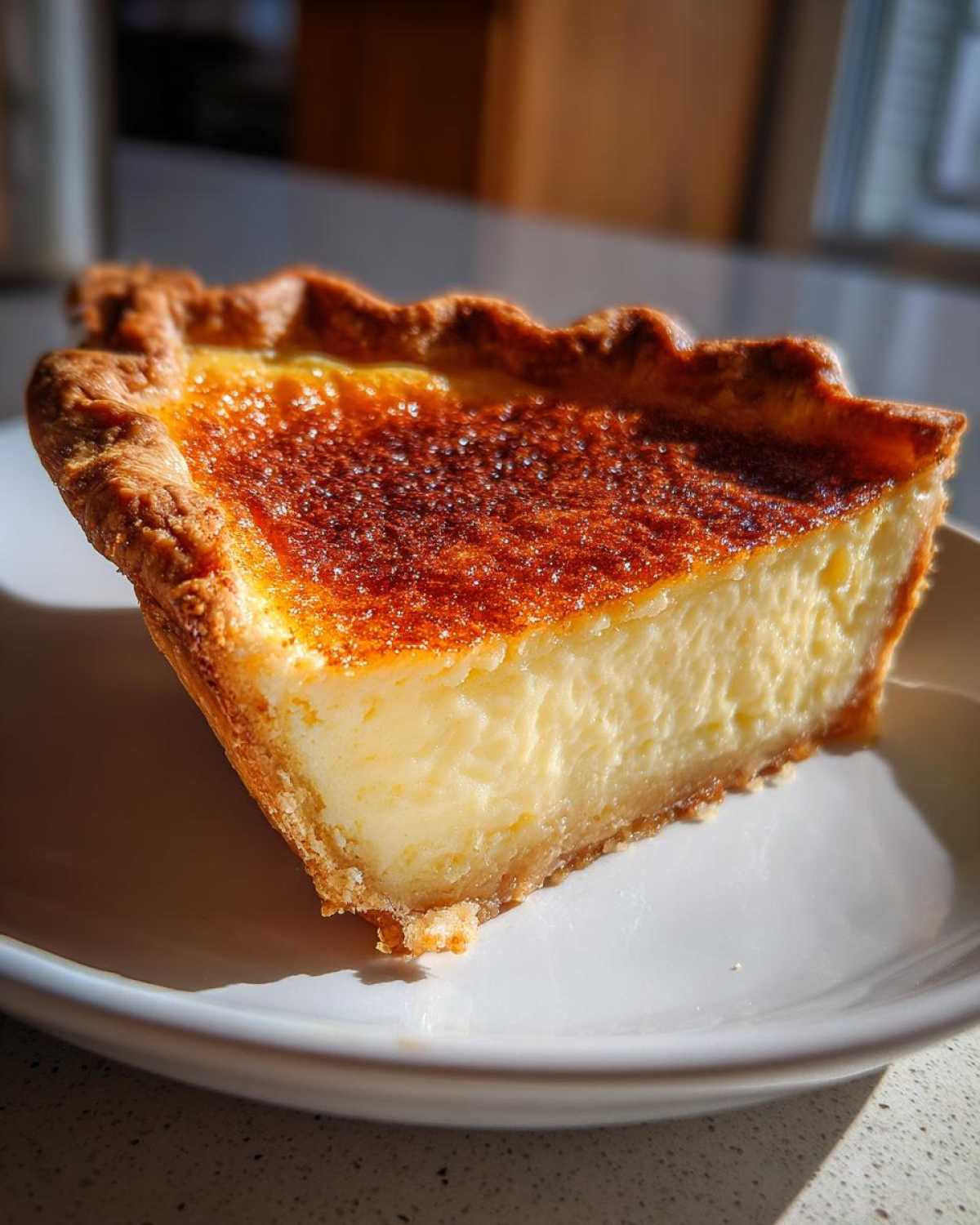 A close-up of a perfectly baked slice of buttermilk pie showing the creamy filling and caramelized top.