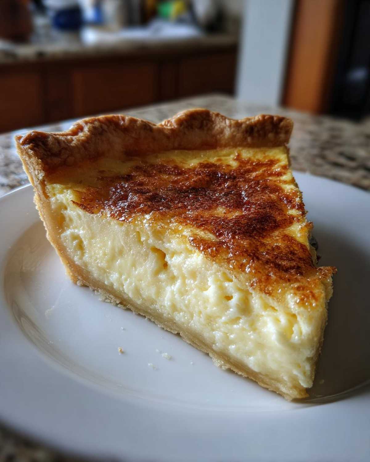 A close-up of a thick slice of buttermilk pie showing the creamy filling and deeply browned top crust.