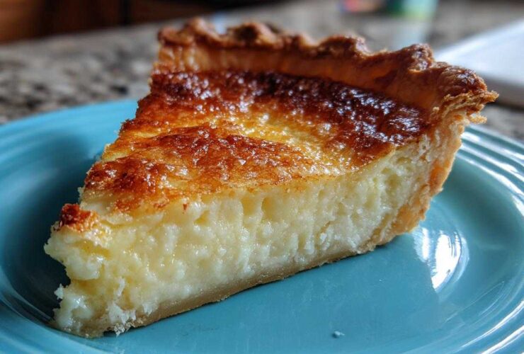 A close-up of a slice of classic buttermilk pie featuring a creamy filling and a deeply browned, caramelized top crust.