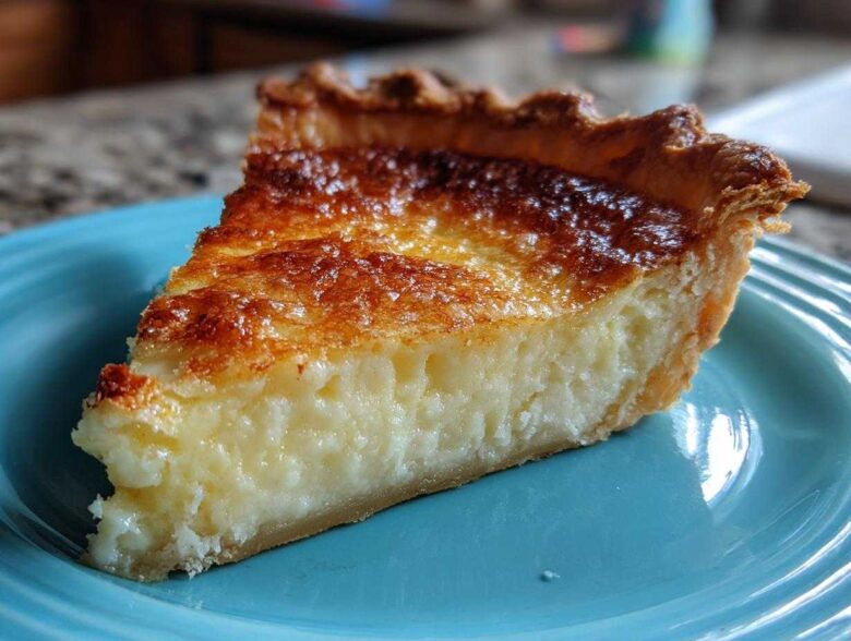 A close-up of a slice of classic buttermilk pie featuring a creamy filling and a deeply browned, caramelized top crust.