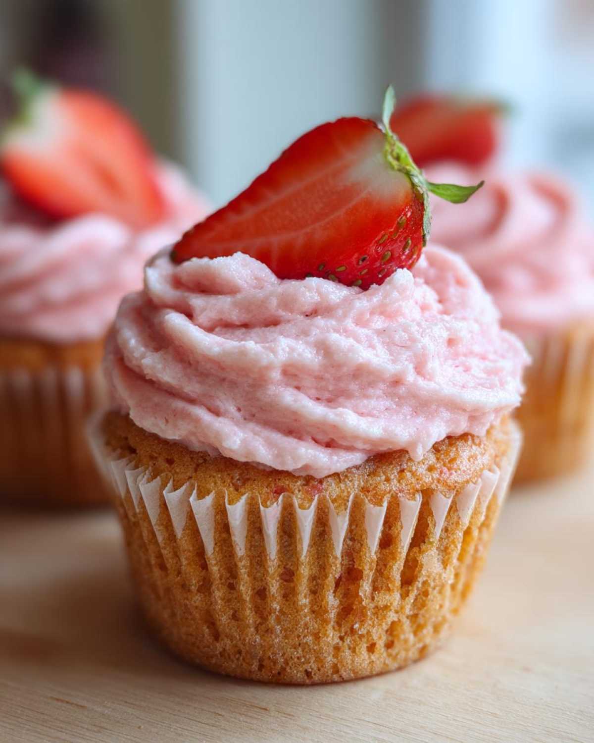 A close-up of a perfectly baked strawberry cupcake topped with pink strawberry frosting and a fresh strawberry slice.
