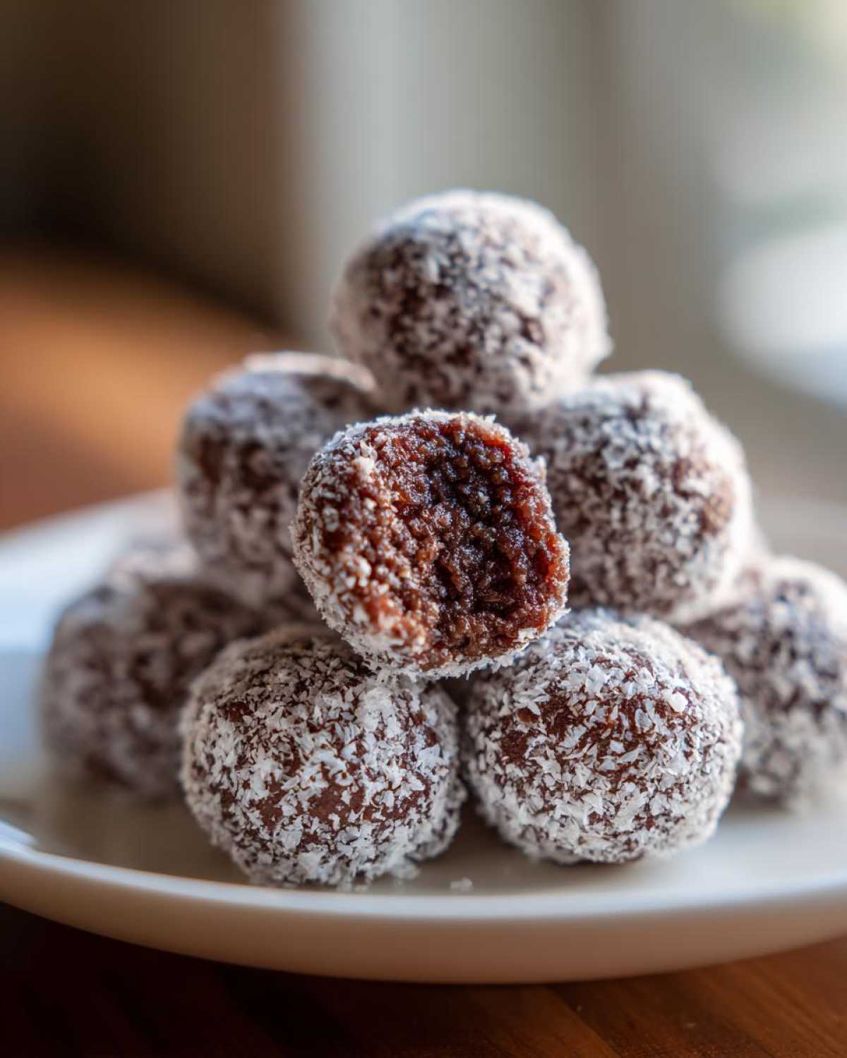 A stack of rich, dark bourbon balls rolled in shredded coconut, with one showing a bite taken out.