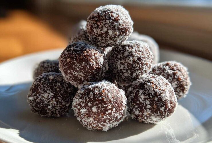 A pyramid stack of dark chocolate bourbon balls rolled in white coconut flakes, sitting on a white plate.