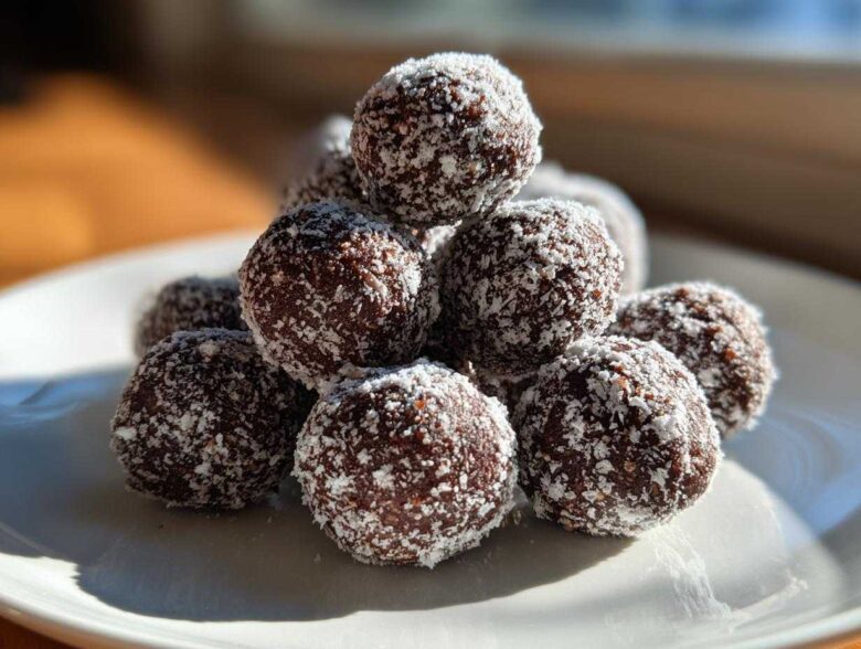 A pyramid stack of dark chocolate bourbon balls rolled in white coconut flakes, sitting on a white plate.