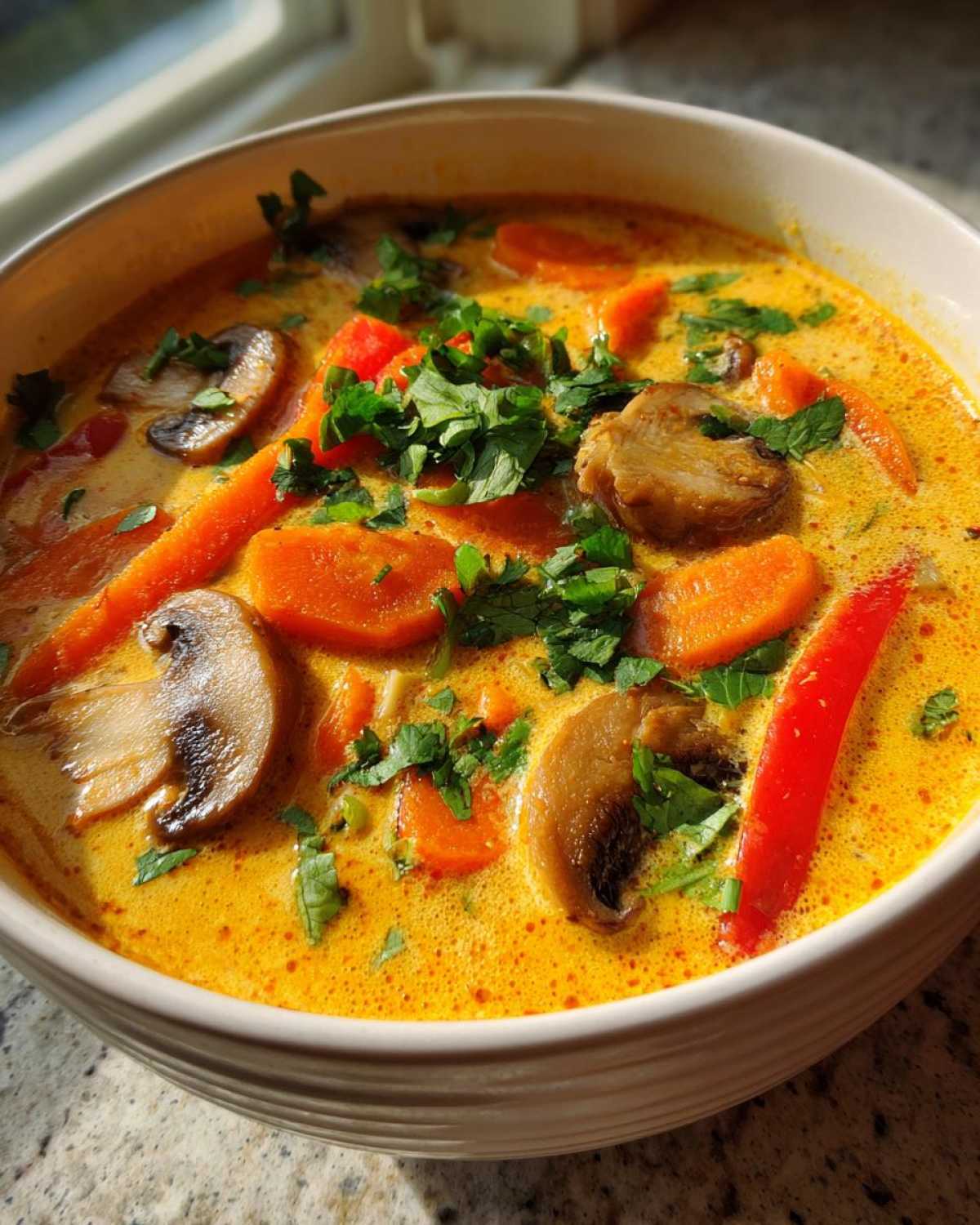 A close-up bowl of vibrant yellow coconut curry soup filled with sliced carrots, mushrooms, and red pepper, topped with fresh cilantro.