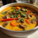 Close-up of a vibrant bowl of coconut curry soup featuring sliced mushrooms, carrots, and fresh cilantro garnish.