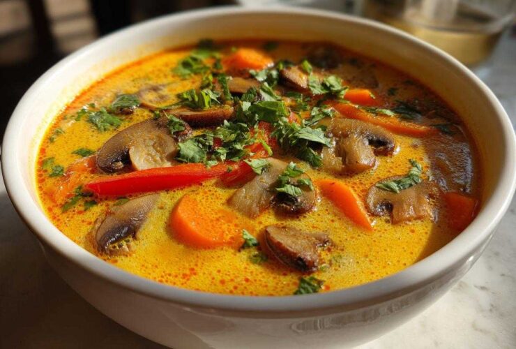 Close-up of a vibrant bowl of coconut curry soup featuring sliced mushrooms, carrots, and fresh cilantro garnish.