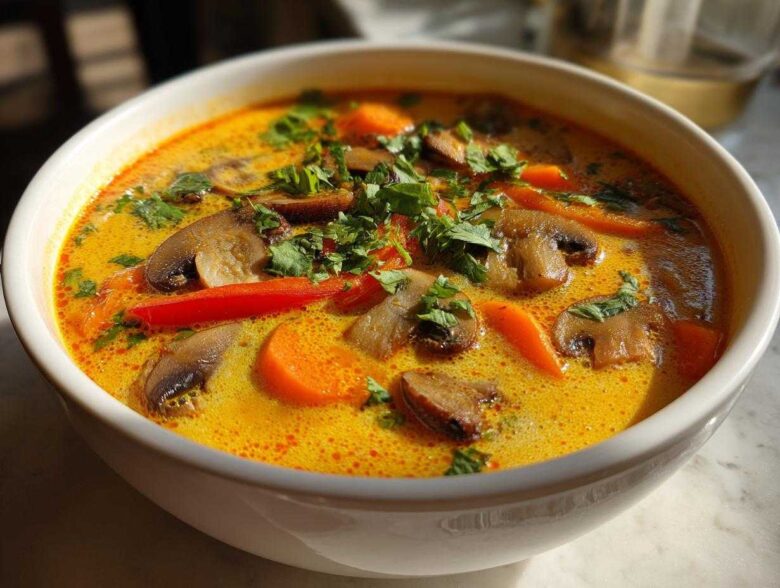 Close-up of a vibrant bowl of coconut curry soup featuring sliced mushrooms, carrots, and fresh cilantro garnish.