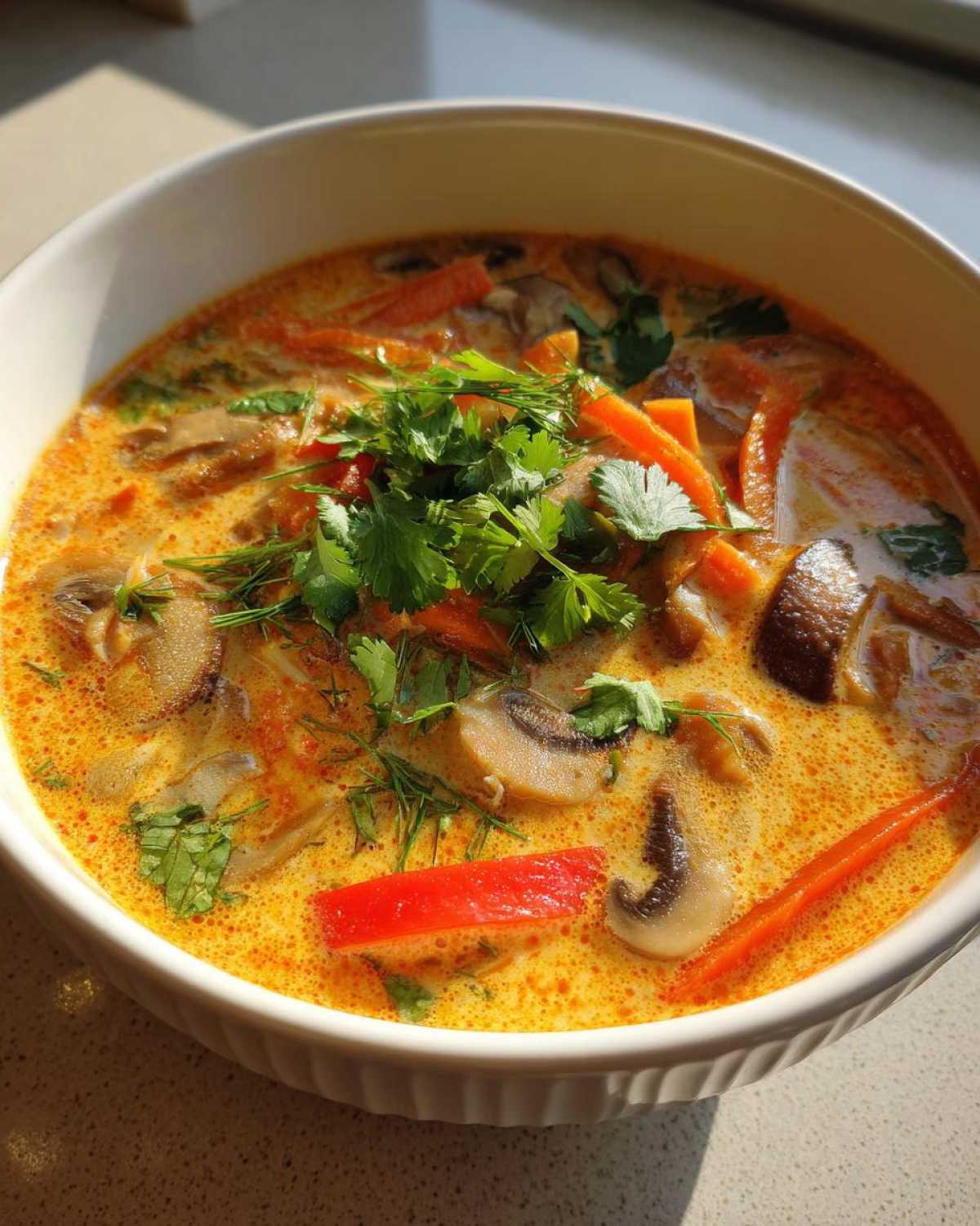 Close-up of a white bowl filled with rich, orange coconut curry soup, featuring mushrooms, carrots, and fresh cilantro garnish.