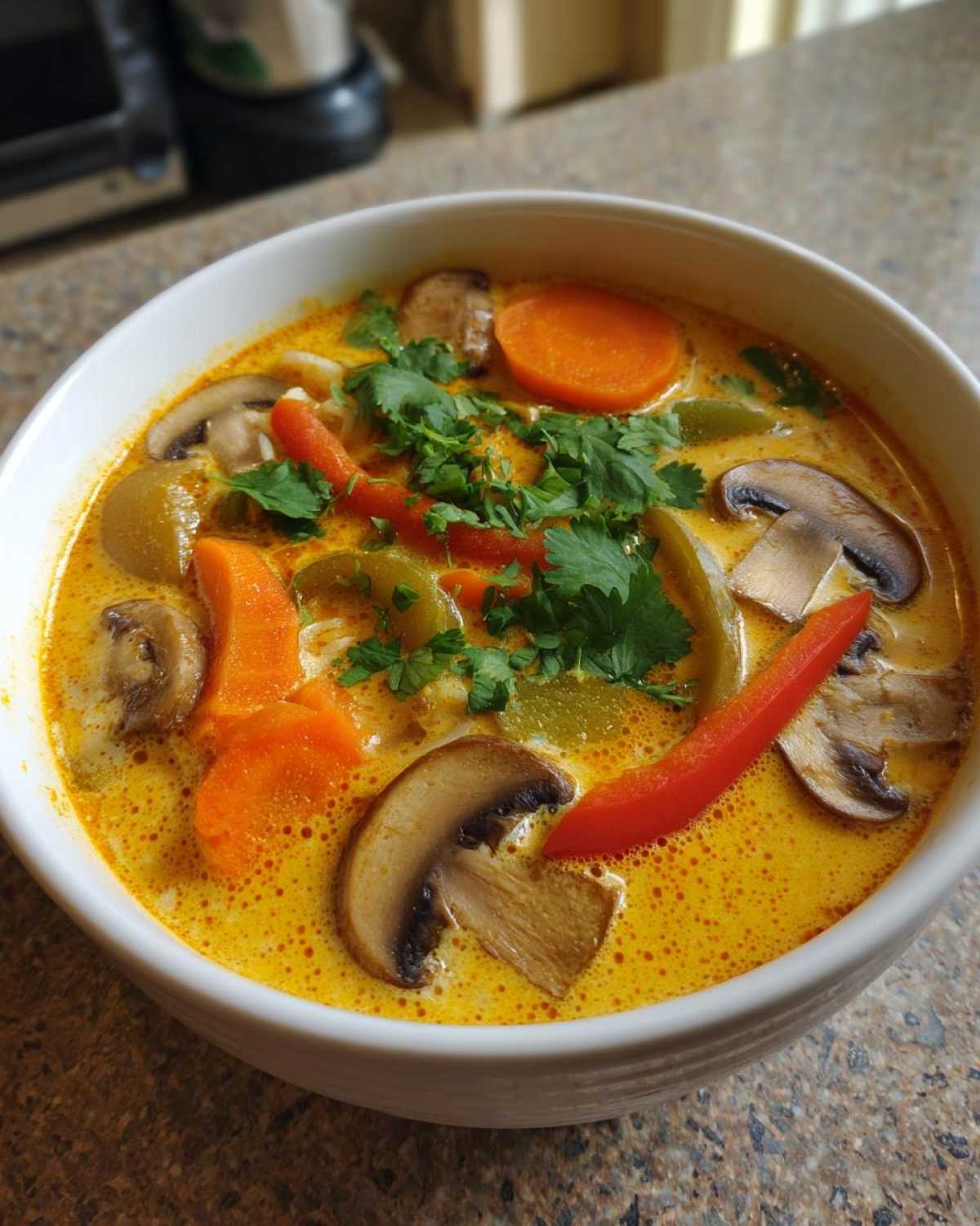 A close-up of a bowl of vibrant yellow coconut curry soup topped with sliced mushrooms, carrots, peppers, and cilantro.