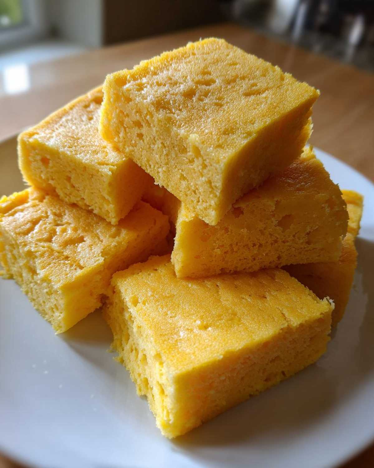 Stack of golden yellow cornbread squares, likely served alongside sheet pan eggs.