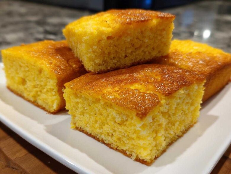 Four golden squares of moist cornbread stacked on a white plate, perfect alongside sheet pan eggs.