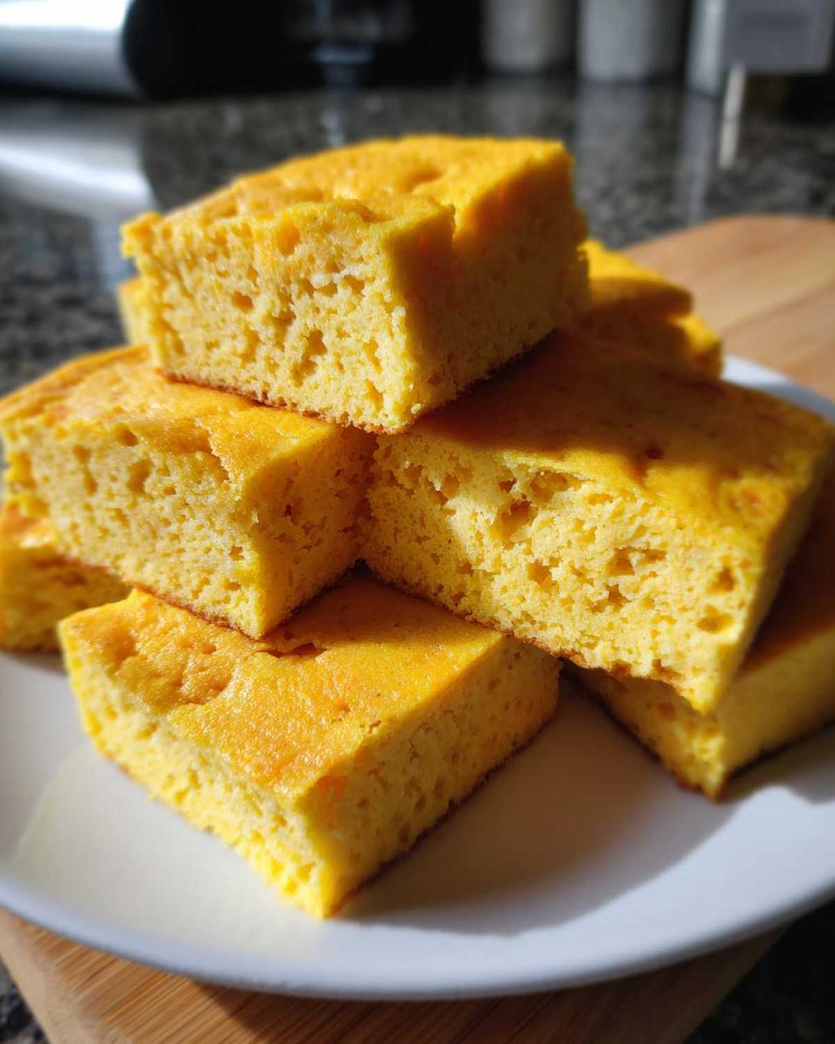 Stack of golden yellow cornbread squares, likely served alongside sheet pan eggs.