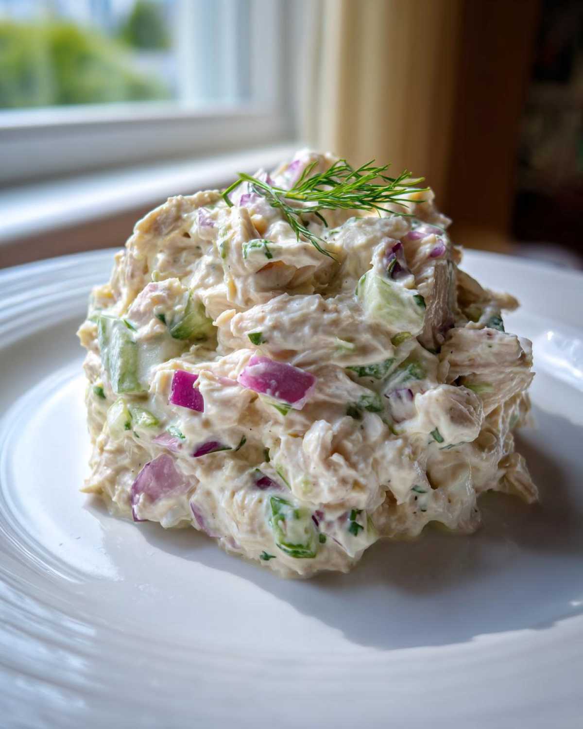 A mound of creamy cottage cheese chicken salad mixed with red onion and cucumber, topped with fresh dill.