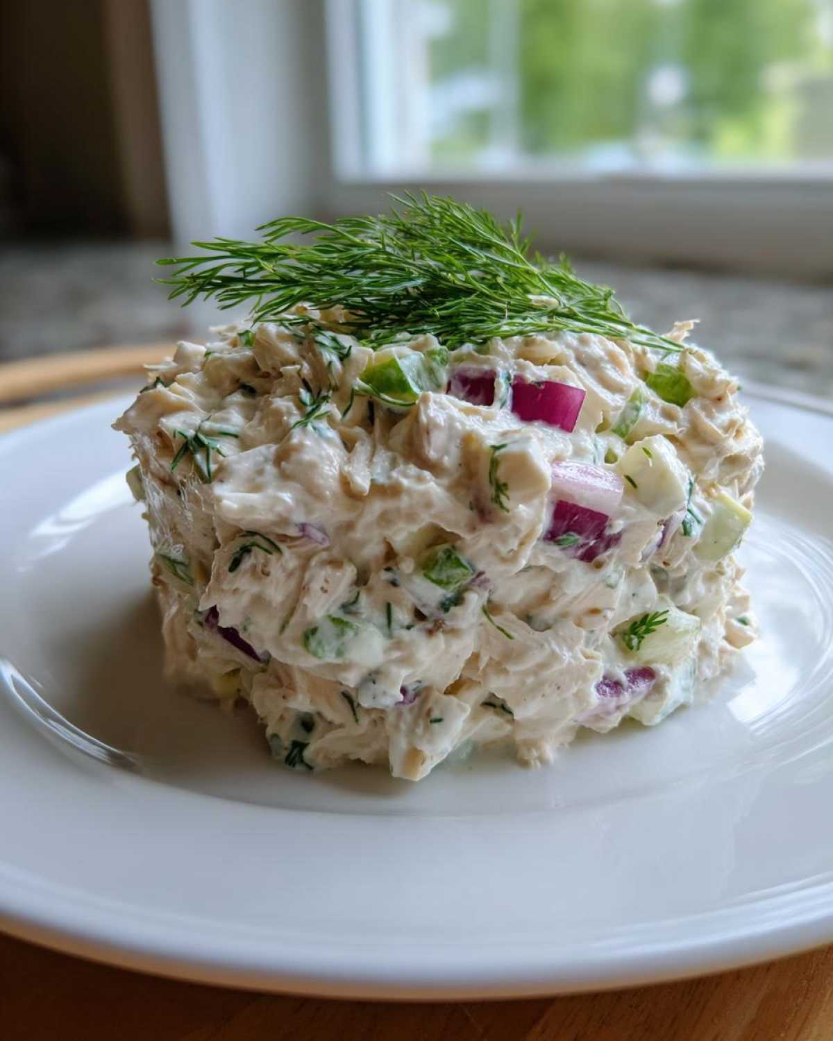 A mound of creamy cottage cheese chicken salad mixed with red onion and celery, topped with fresh dill.