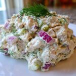 A mound of creamy cottage cheese chicken salad mixed with red onion and celery, topped with fresh dill.