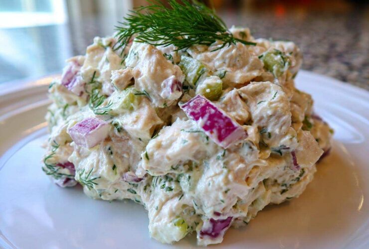 A mound of creamy cottage cheese chicken salad mixed with red onion and celery, topped with fresh dill.