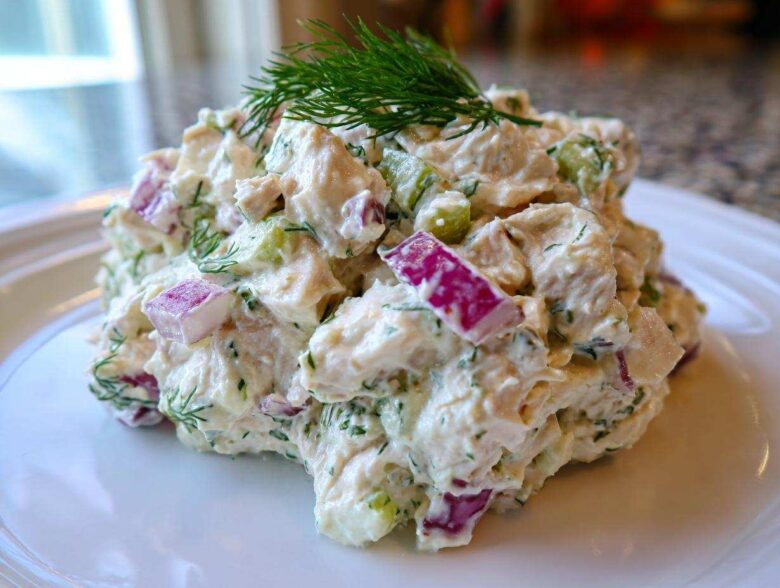 A mound of creamy cottage cheese chicken salad mixed with red onion and celery, topped with fresh dill.