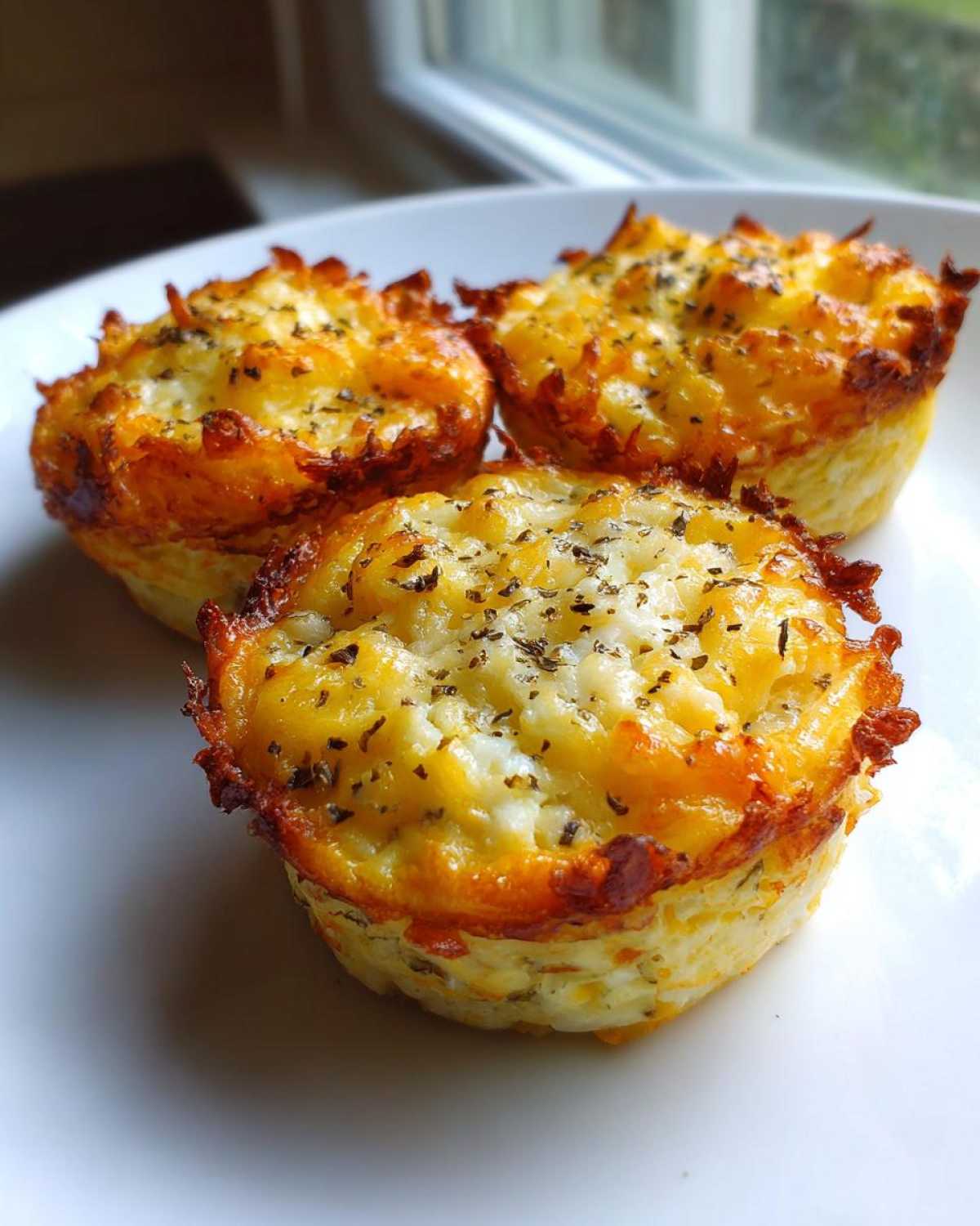 Three freshly baked cottage cheese egg cups starbucks style, golden brown and topped with herbs, sitting on a white plate.