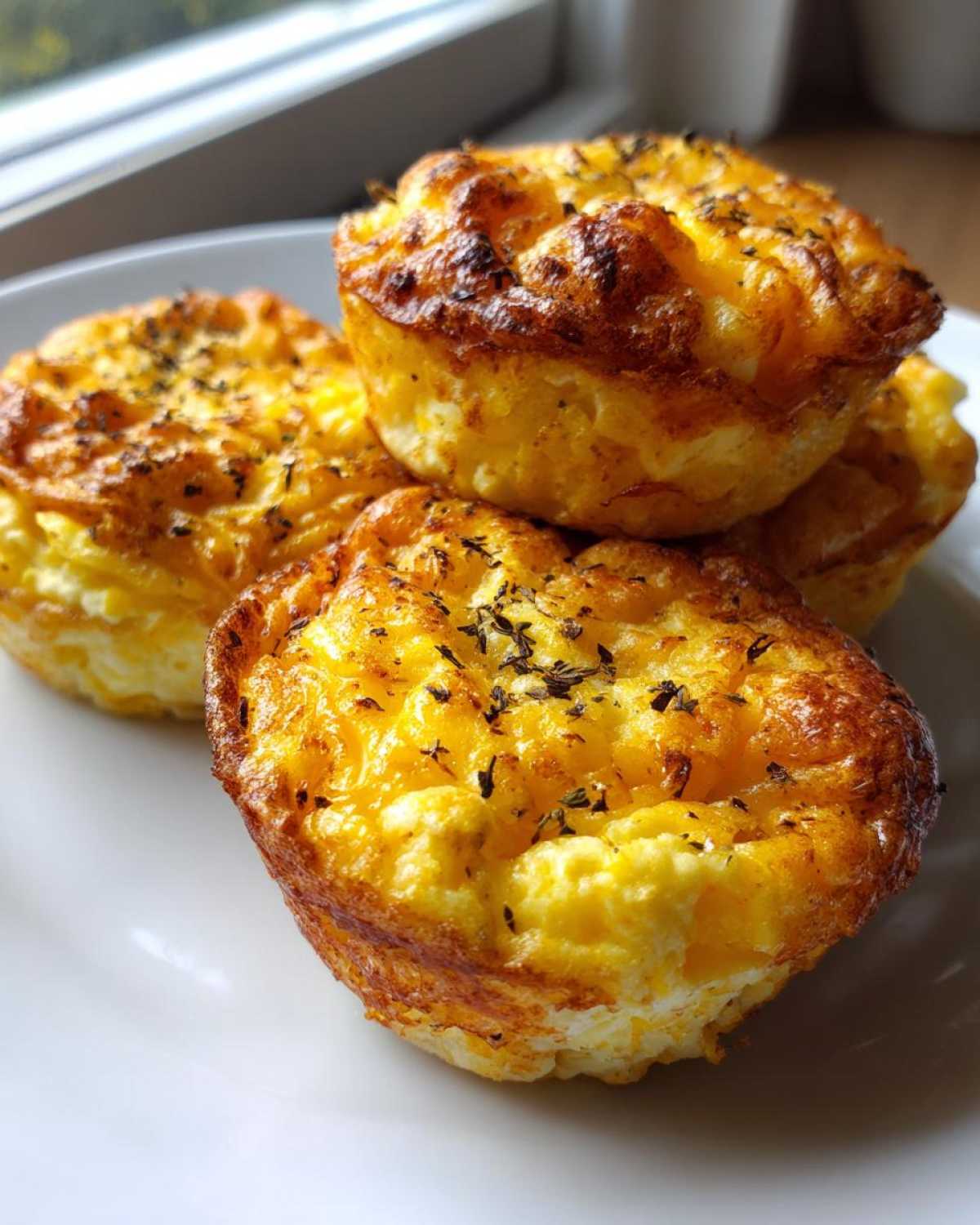 A stack of four golden brown cottage cheese egg cups starbucks style, topped with dried herbs, on a white plate.