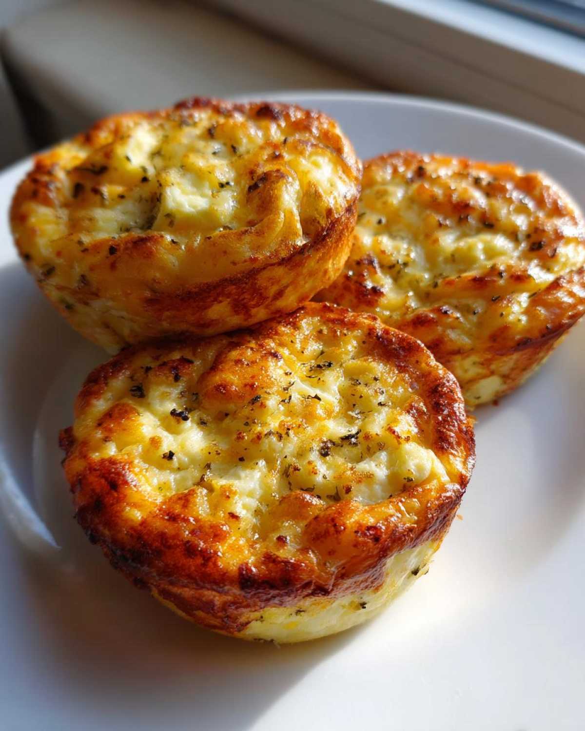 Three perfectly baked cottage cheese egg cups with browned edges and herbs, sitting on a white plate.