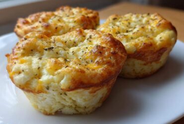 Three golden-brown cottage cheese egg cups starbucks style served on a white plate.