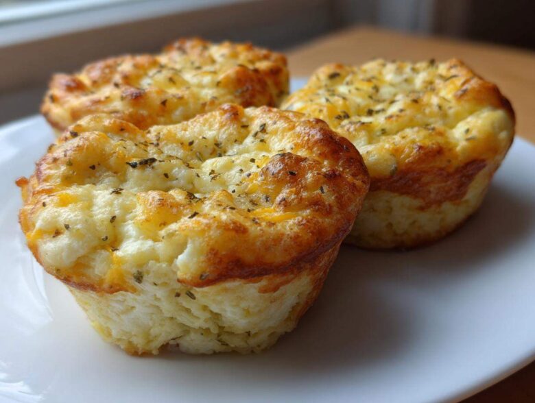 Three golden-brown cottage cheese egg cups starbucks style served on a white plate.