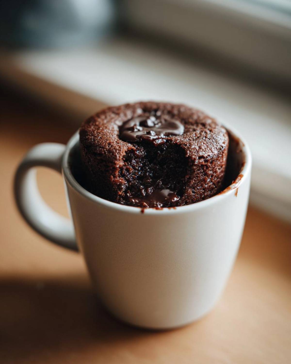 A rich, dark chocolate Cottage Cheese Microwave Brownie with a molten center, served hot in a white mug.