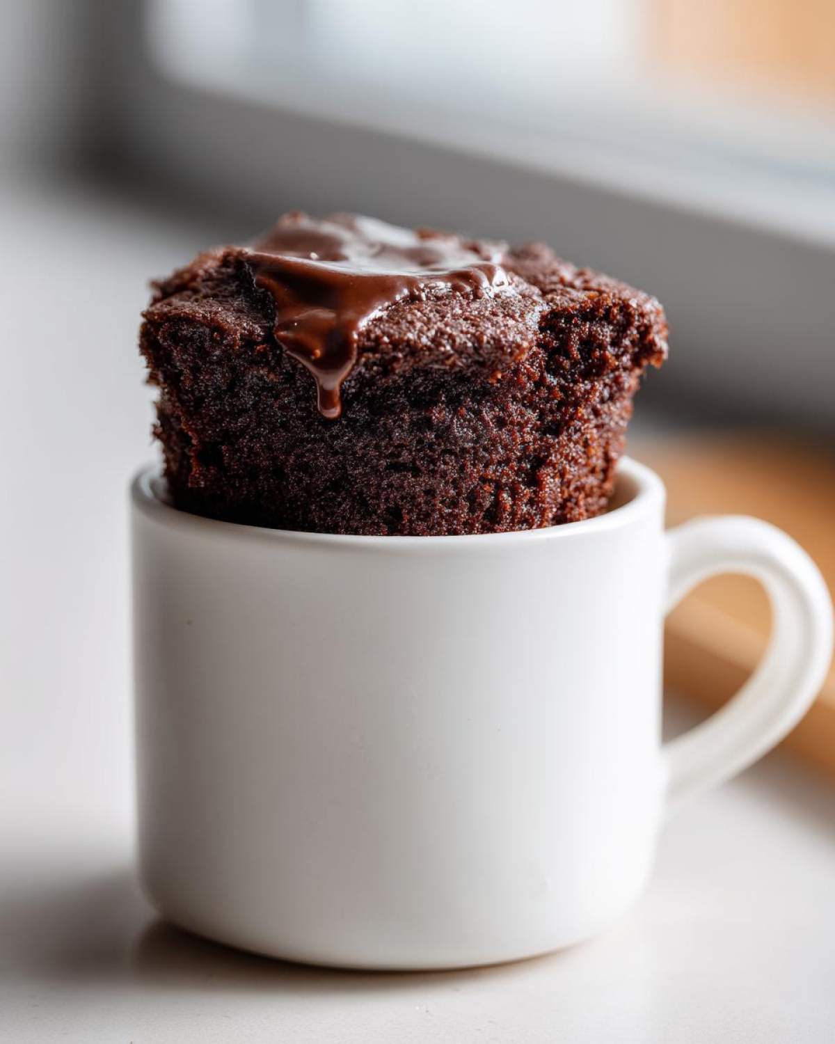 A rich, dark chocolate Cottage Cheese Microwave Brownie topped with melted chocolate sauce, served in a white mug.