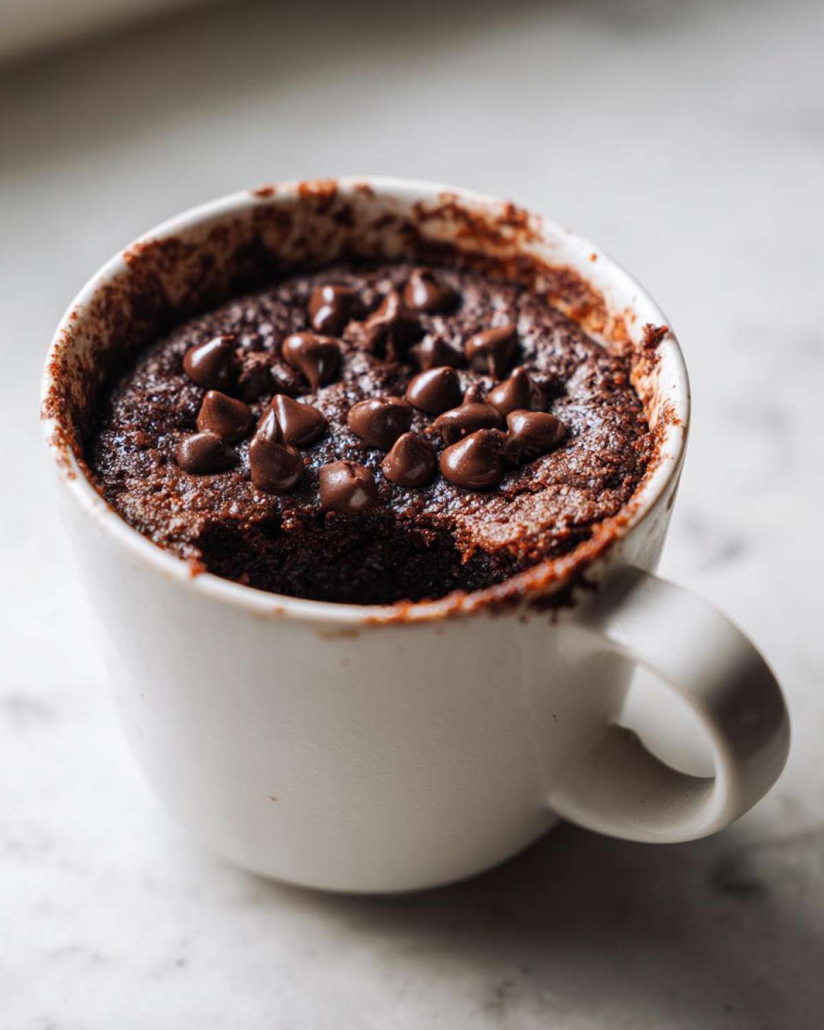 Close-up of a rich, dark Cottage Cheese Microwave Brownie in a white mug, topped with chocolate chips.