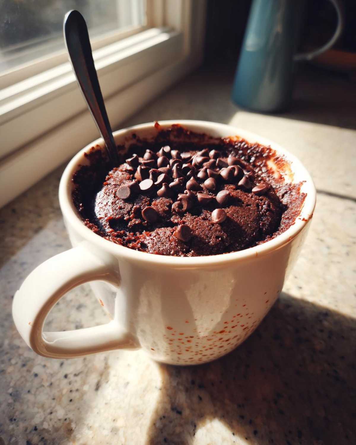 A freshly made Cottage Cheese Microwave Brownie topped with mini chocolate chips in a white mug.
