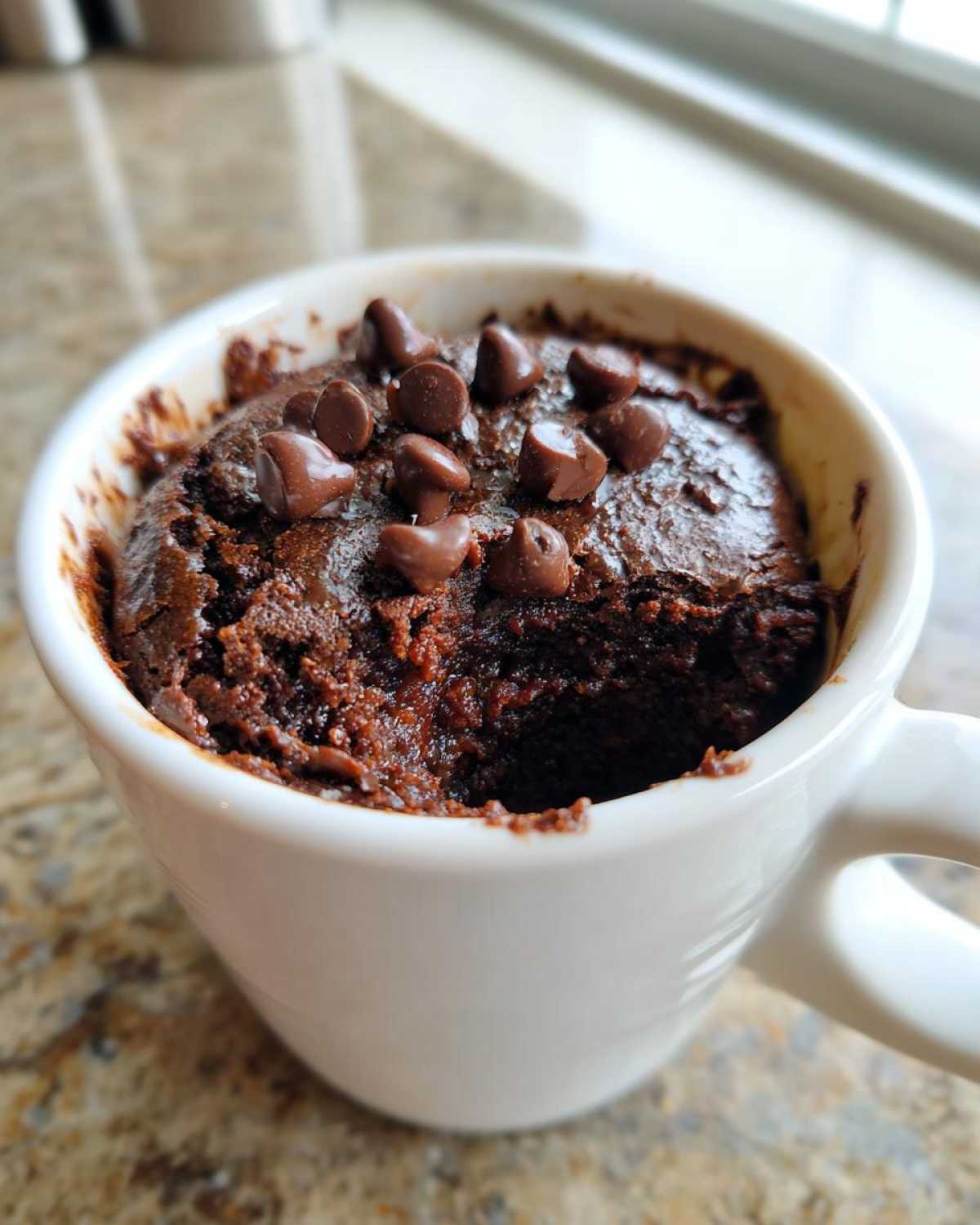 Close-up of a rich, dark chocolate Cottage Cheese Microwave Brownie topped with chocolate chips, served in a white mug.