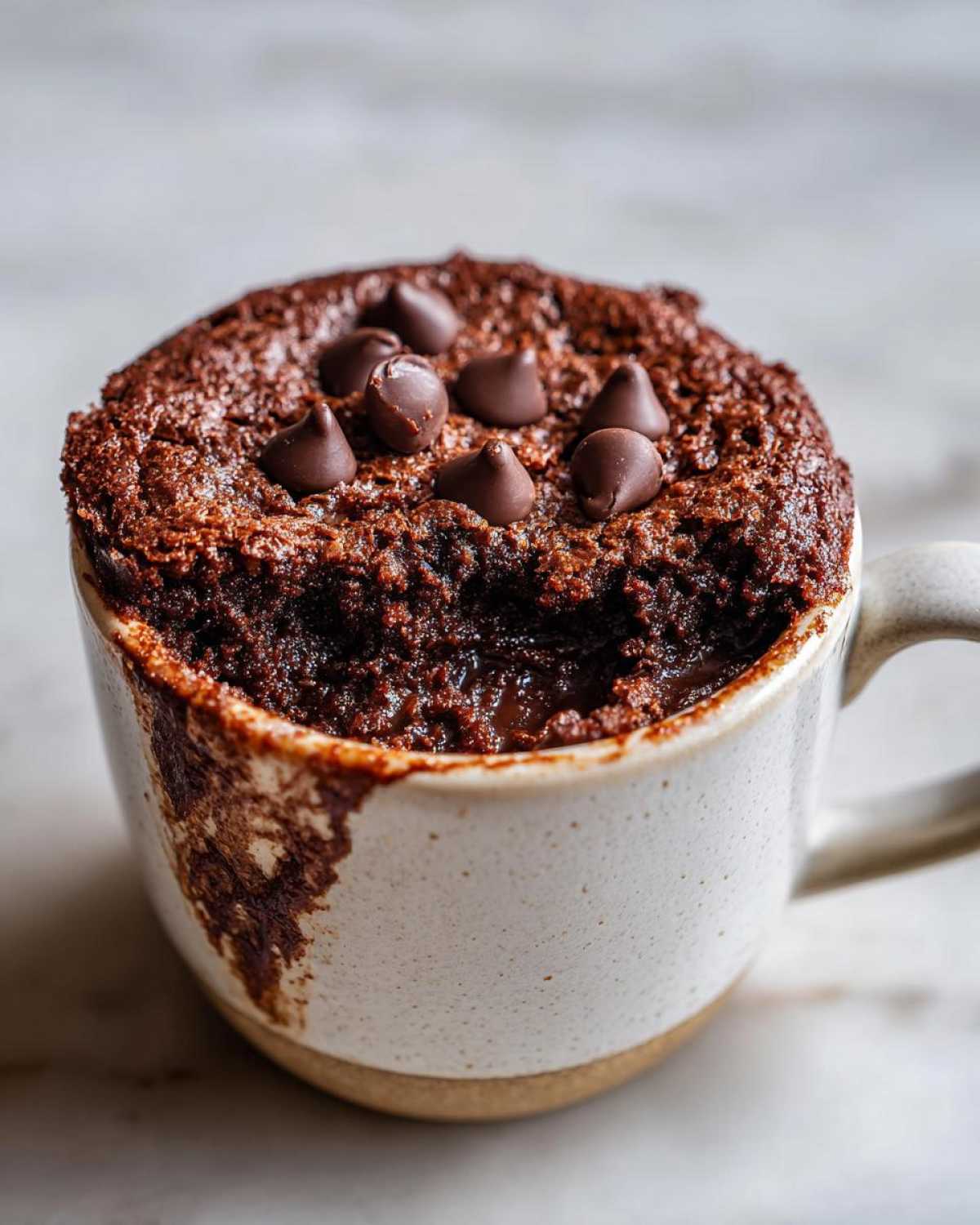 A close-up of a rich, fudgy Cottage Cheese Microwave Brownie topped with chocolate chips, served in a speckled mug.