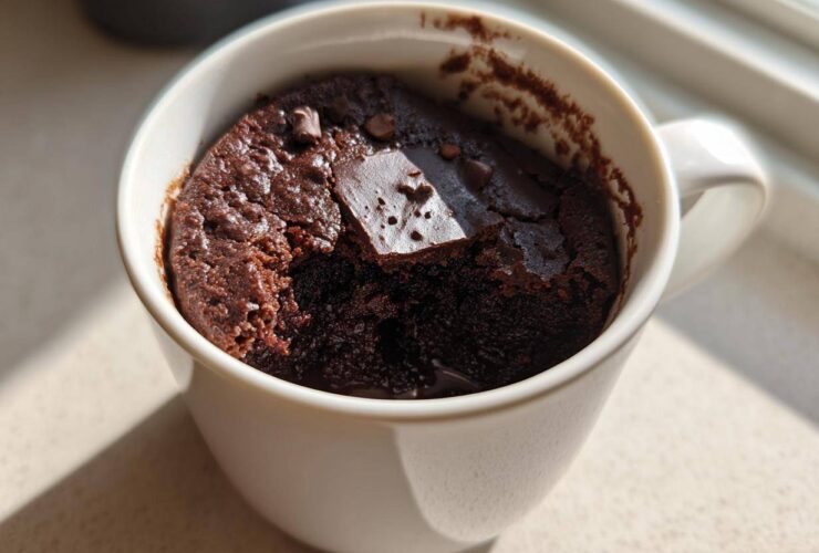 Close-up of a rich, dark chocolate Cottage Cheese Microwave Brownie baked inside a white mug.