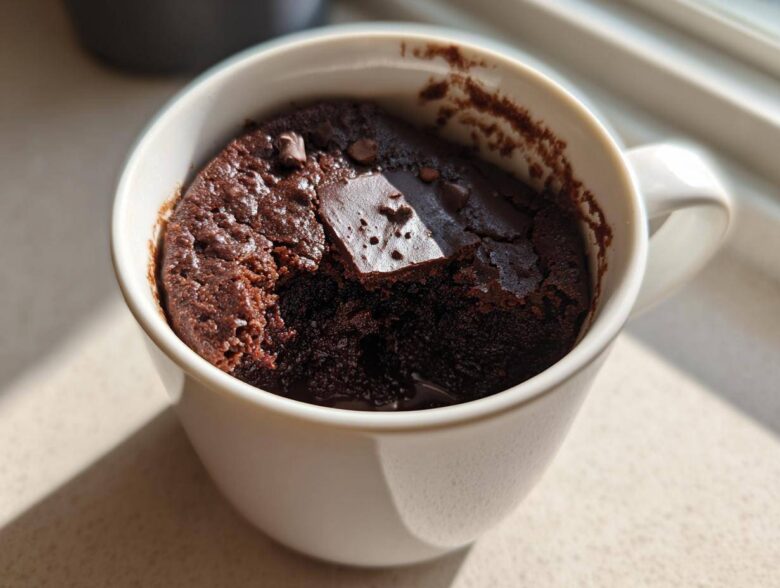Close-up of a rich, dark chocolate Cottage Cheese Microwave Brownie baked inside a white mug.