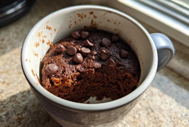 A rich, dark chocolate Cottage Cheese Microwave Brownie topped with chocolate chips, served in a light blue mug.