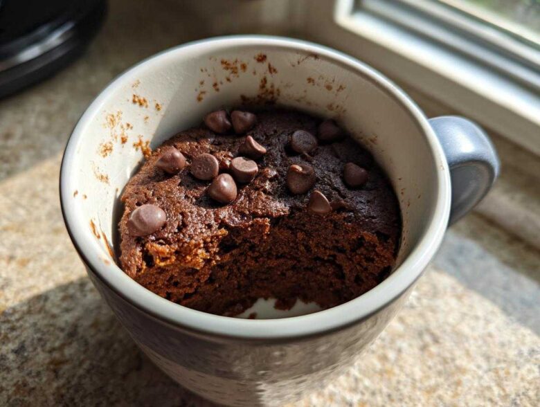A rich, dark chocolate Cottage Cheese Microwave Brownie topped with chocolate chips, served in a light blue mug.