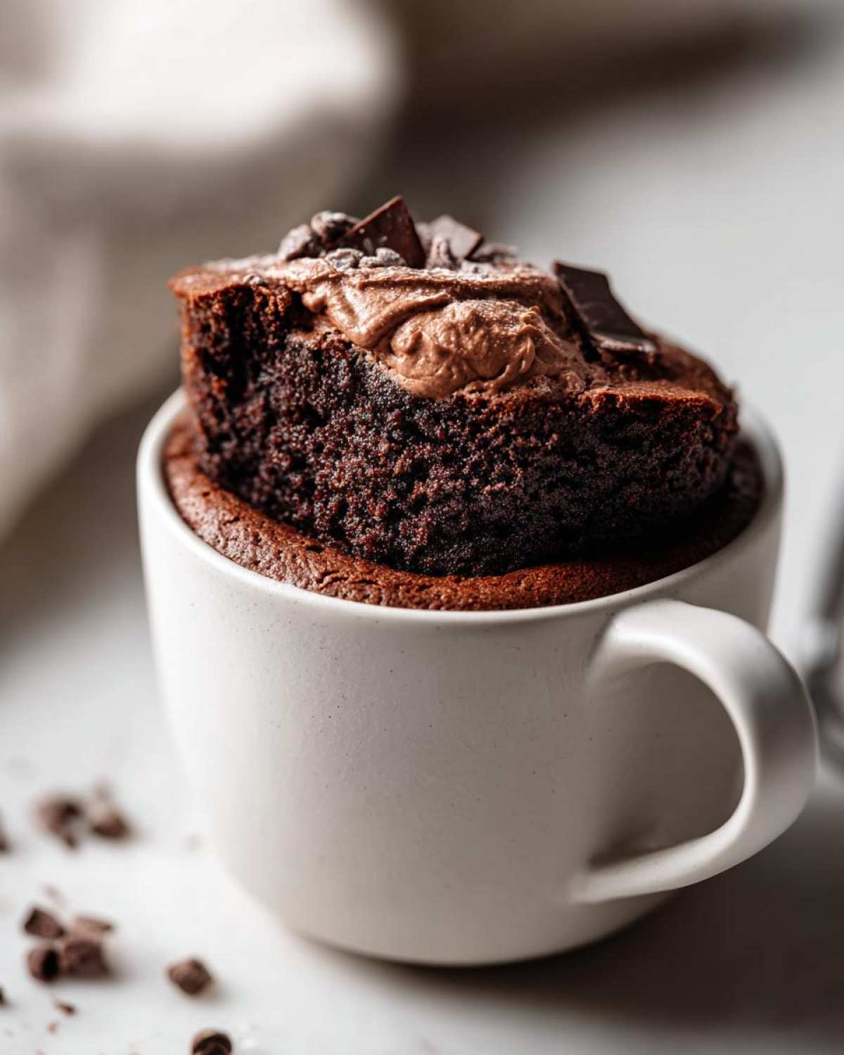 A rich, dark chocolate Cottage Cheese Microwave Brownie served warm in a white mug, topped with frosting and chocolate chunks.