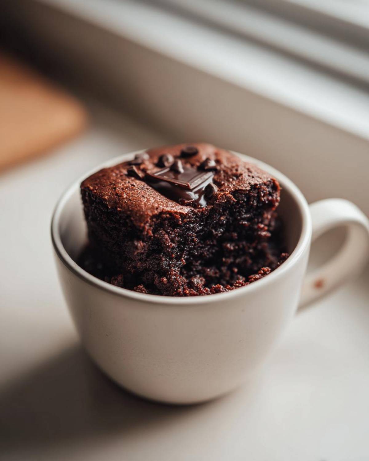 Close-up of a rich, dark Cottage Cheese Microwave Brownie served in a white mug, topped with melted chocolate.