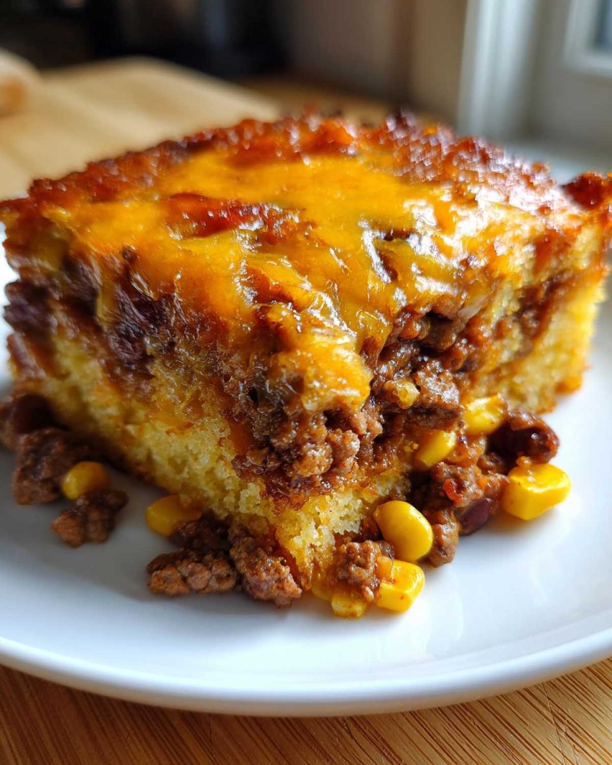 Close-up of a square serving of cowboy cornbread casserole topped with melted cheddar cheese and ground beef filling.