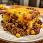A close-up of a hearty slice of cowboy cornbread casserole topped with melted cheddar cheese over a chili meat and corn mixture.