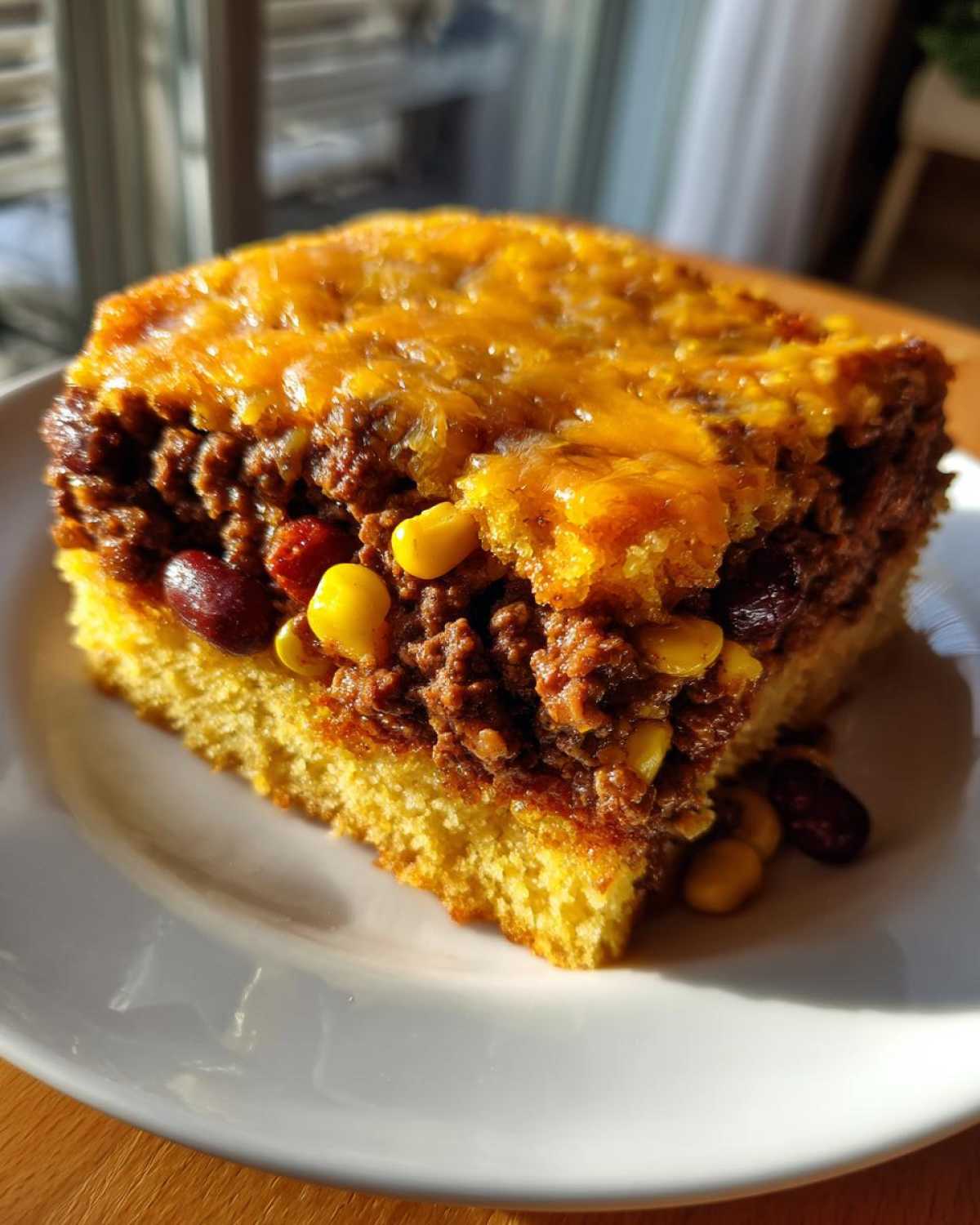 A thick slice of cowboy cornbread casserole featuring a cornbread base, chili meat, corn, and kidney beans, topped with melted cheddar.