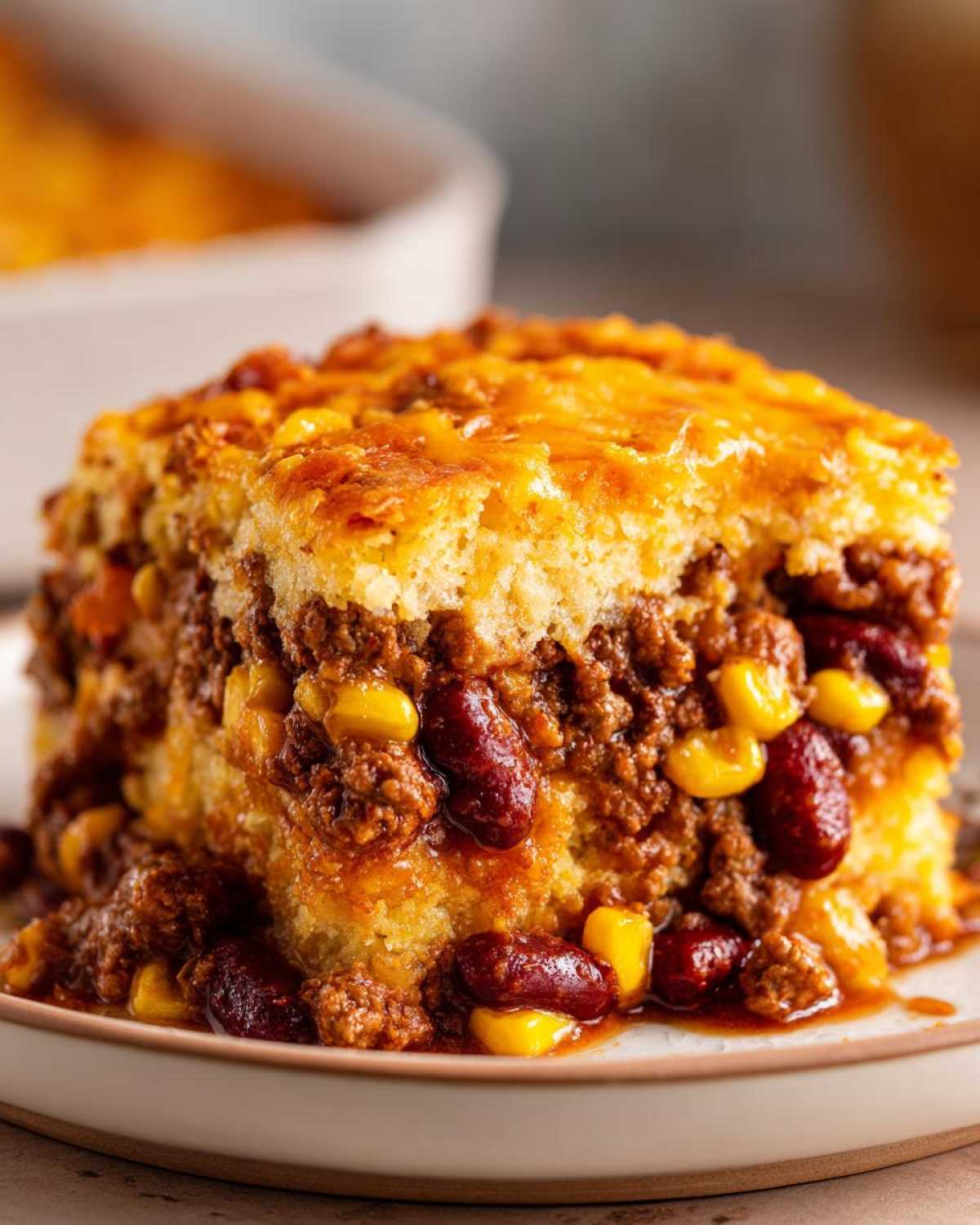 Close-up of a square serving of cowboy cornbread casserole layered with chili, kidney beans, and corn.
