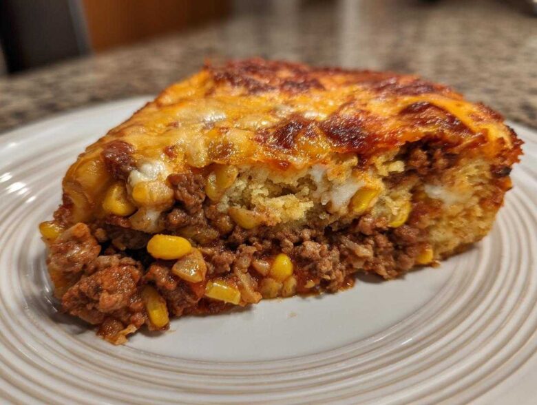 Close-up of a hearty slice of cowboy cornbread casserole showing layers of seasoned ground beef, corn, and cheesy topping.
