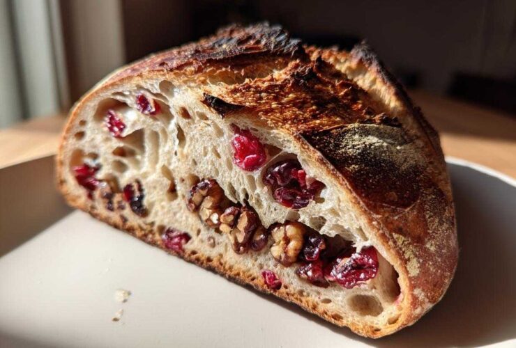 A close-up, sunlit cross-section of homemade cranberry walnut bread showing a beautiful open crumb studded with bright red cranberries and walnuts.